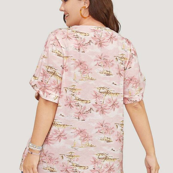 Coconut Tree Print Gathered Twist Sleeve T-shirt - Picture 6 of 8